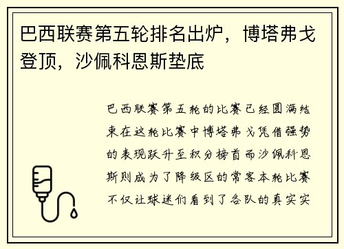 巴西联赛第五轮排名出炉，博塔弗戈登顶，沙佩科恩斯垫底